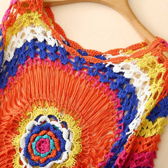 018 Boho Multicolor Orange Floral Crochet Swim Cover up - Picture 6 of 8